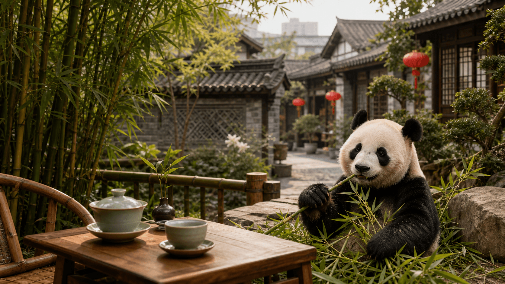 Editorial Chengdu city guide cover with panda, tea-house, bamboo, and lane architecture