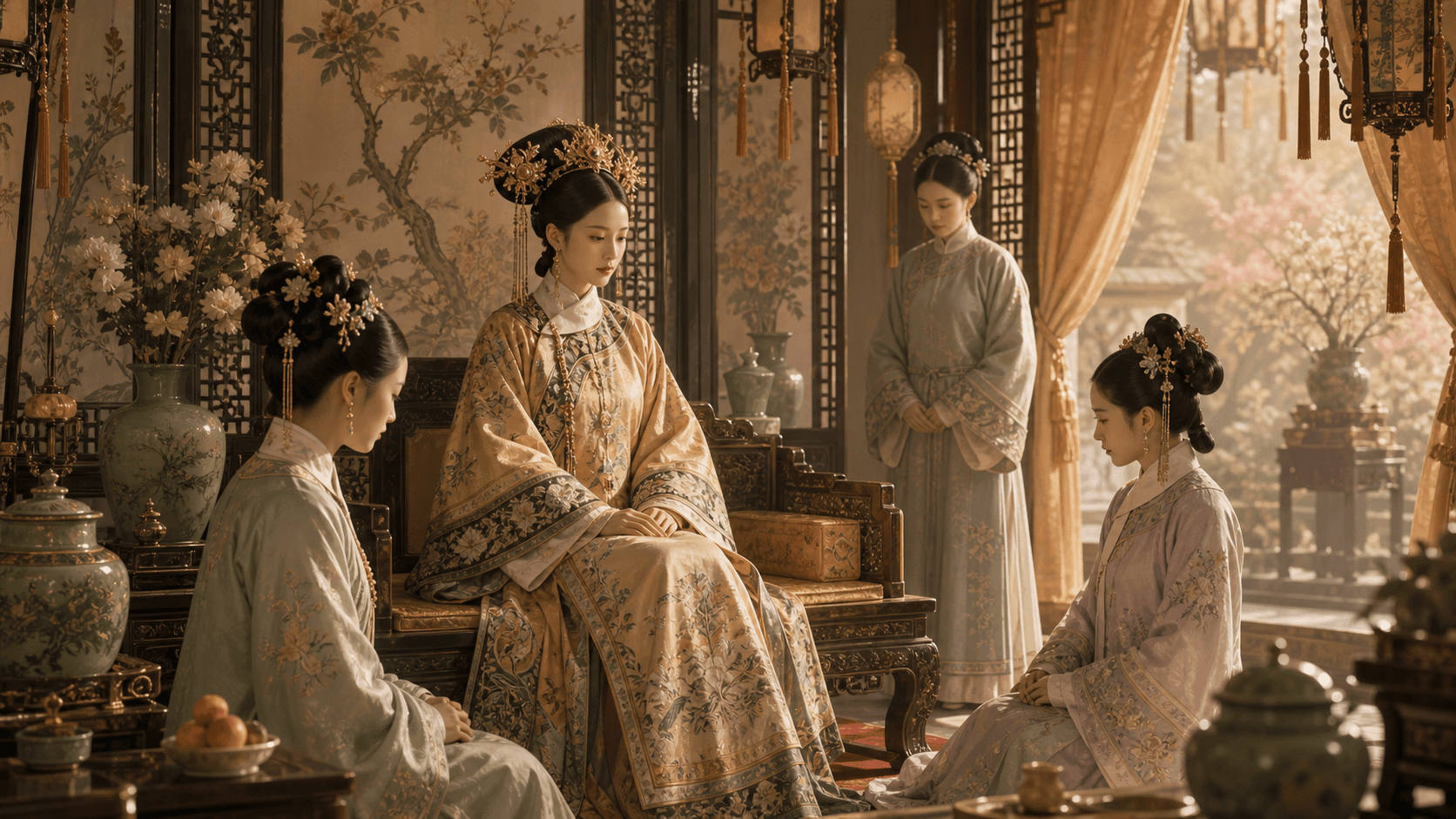 A Qing-inspired palace interior with anonymous palace women and attendants arranged to suggest court hierarchy.