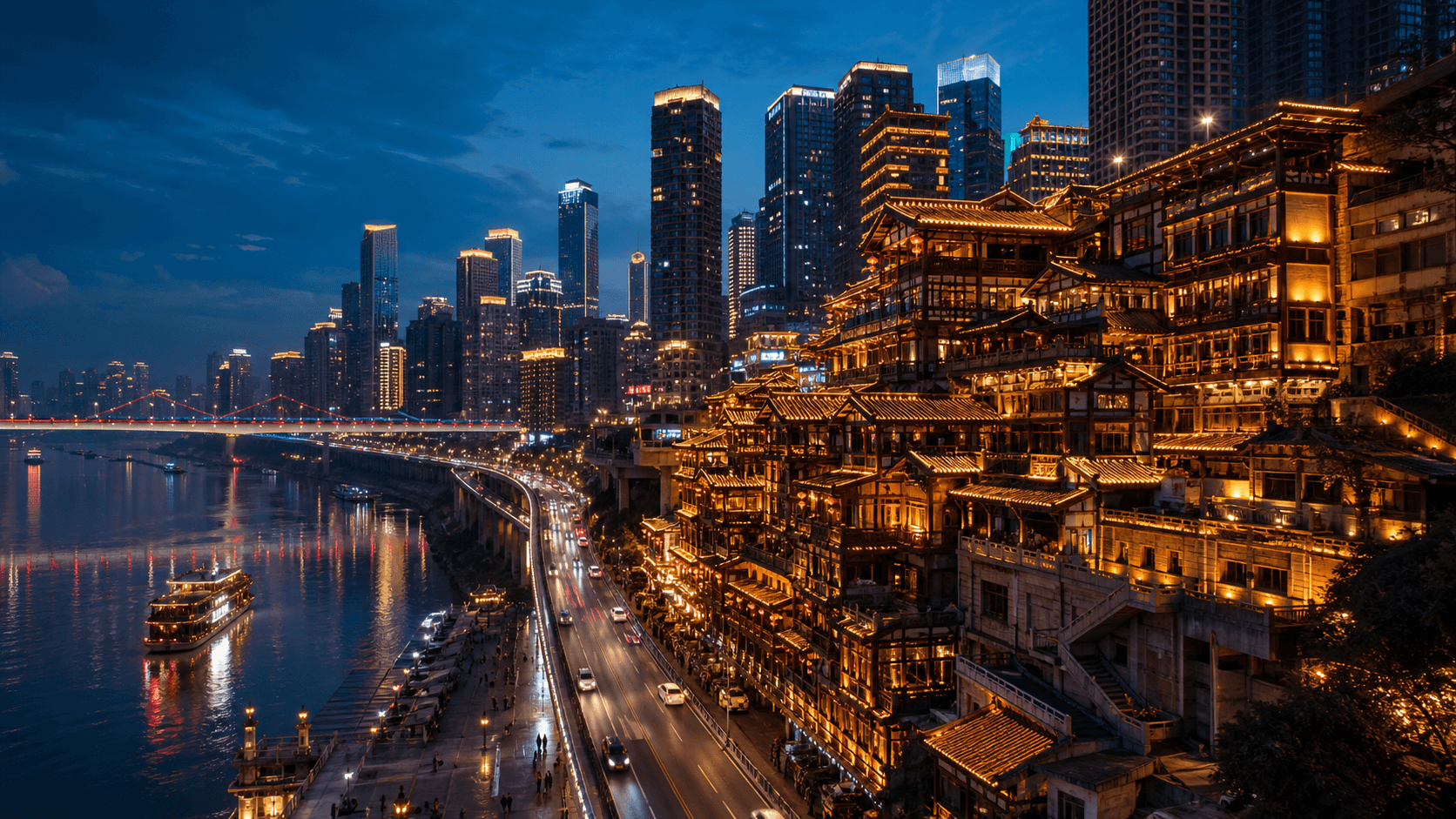 Editorial Chongqing city guide cover with layered hillside skyline and river reflections