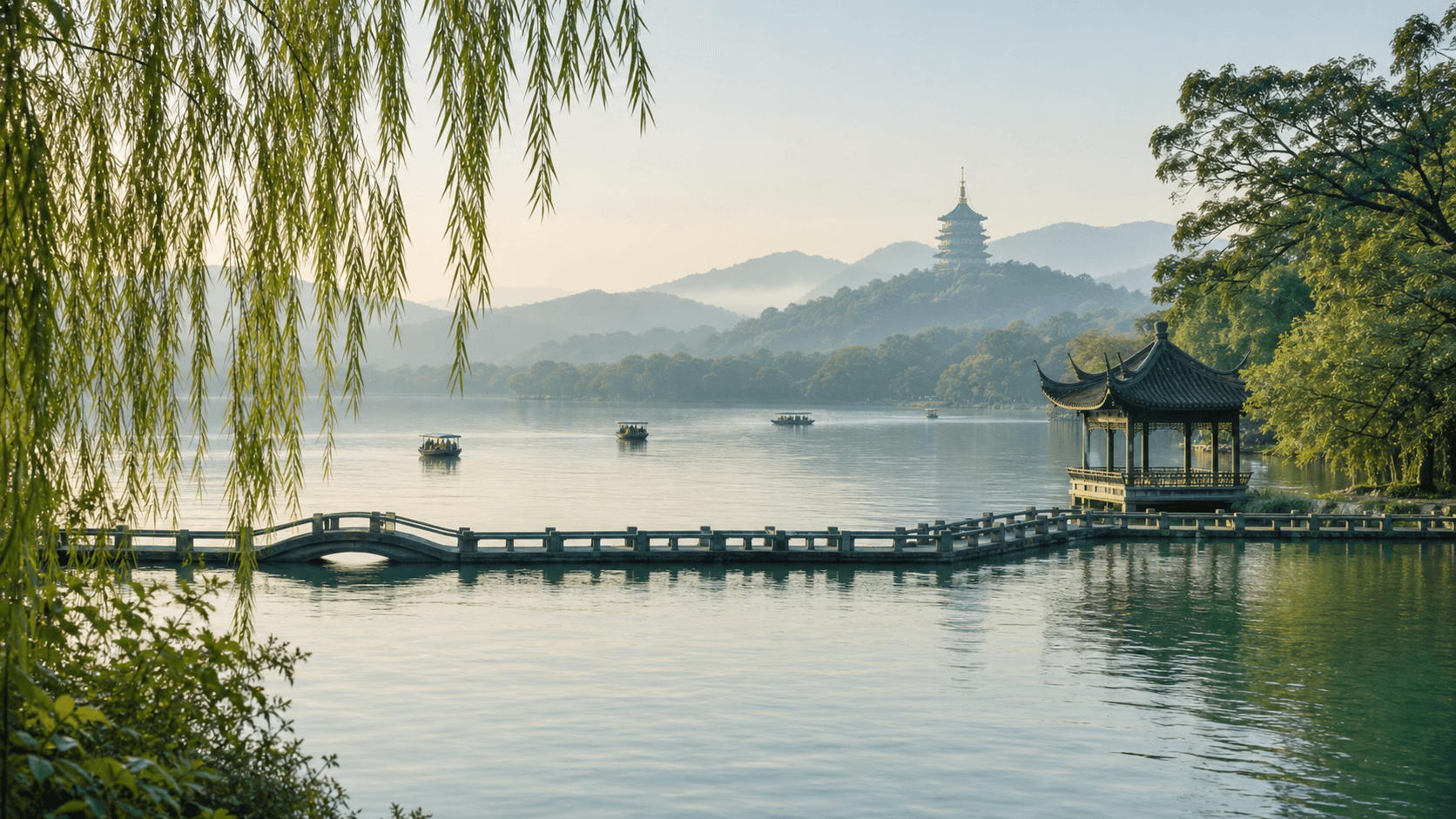 Editorial Hangzhou city guide cover with West Lake, willows, pavilion, and distant pagoda