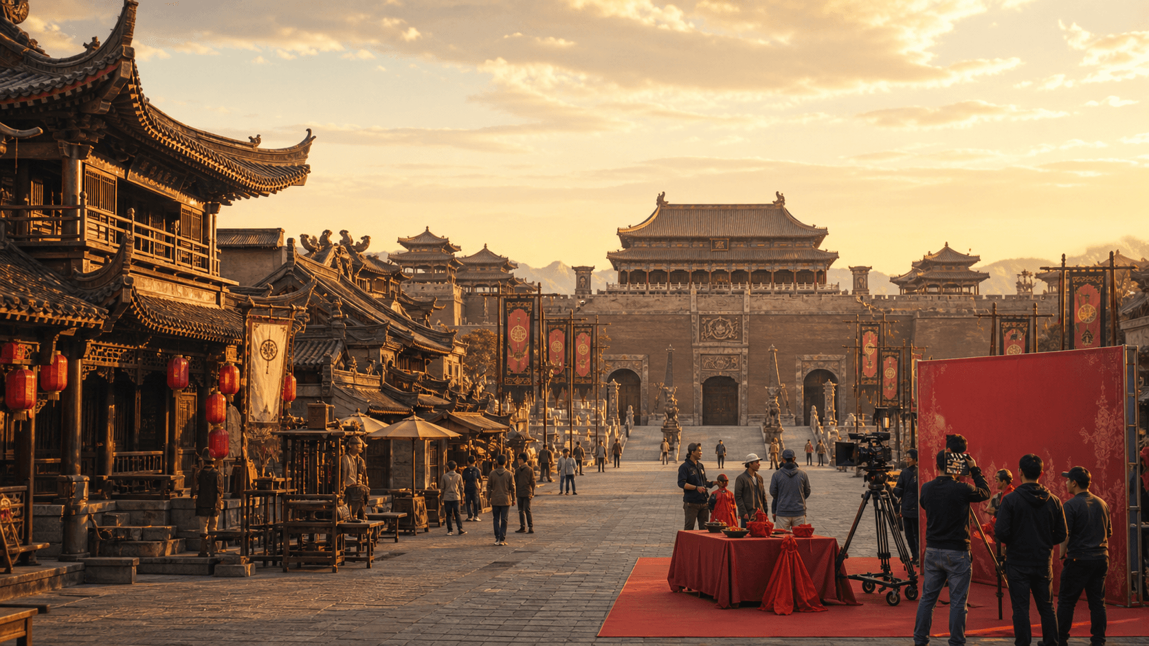 Editorial Hengdian city guide cover with historical palace sets and film-production launch ceremony