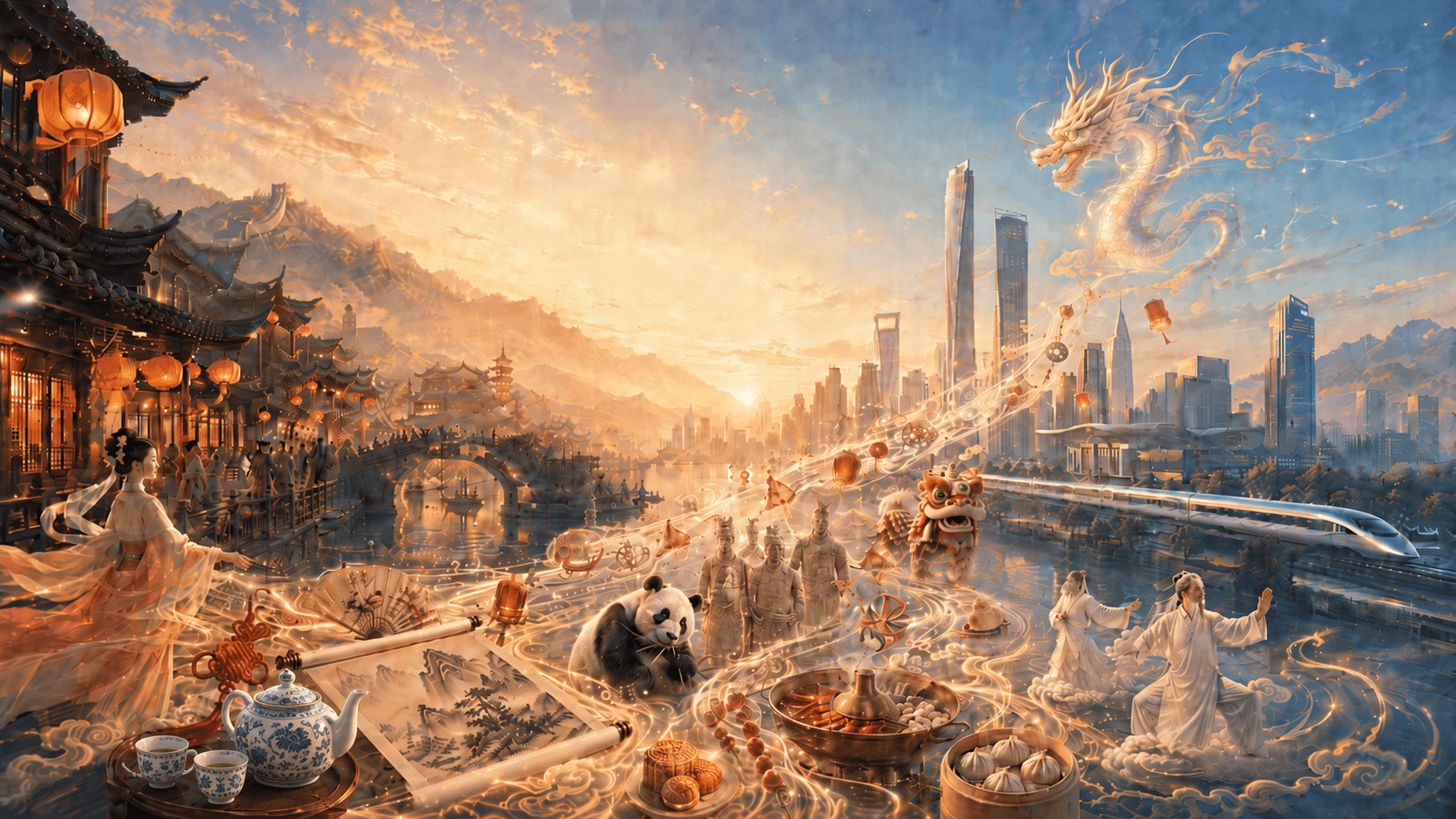 Cinematic China travel scene blending old-town lanterns, modern skyline, high-speed rail, dragon, tea, food, panda, and cultural icons