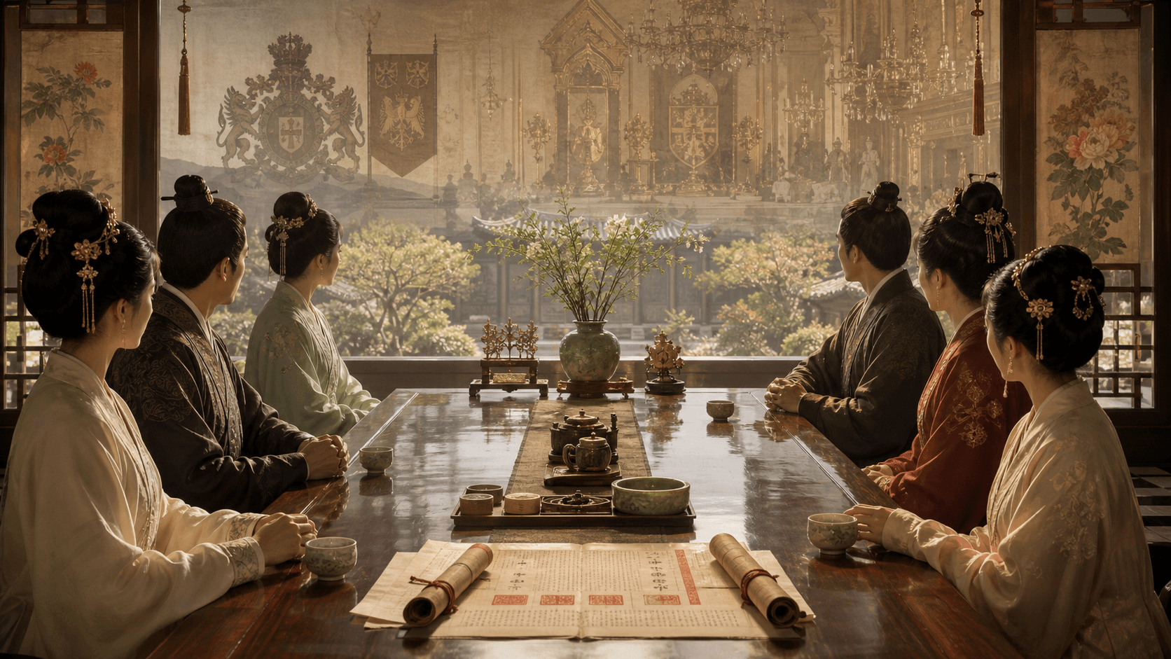 Two families seated across a table with marriage documents, suggesting family background, alliance, and social matching.