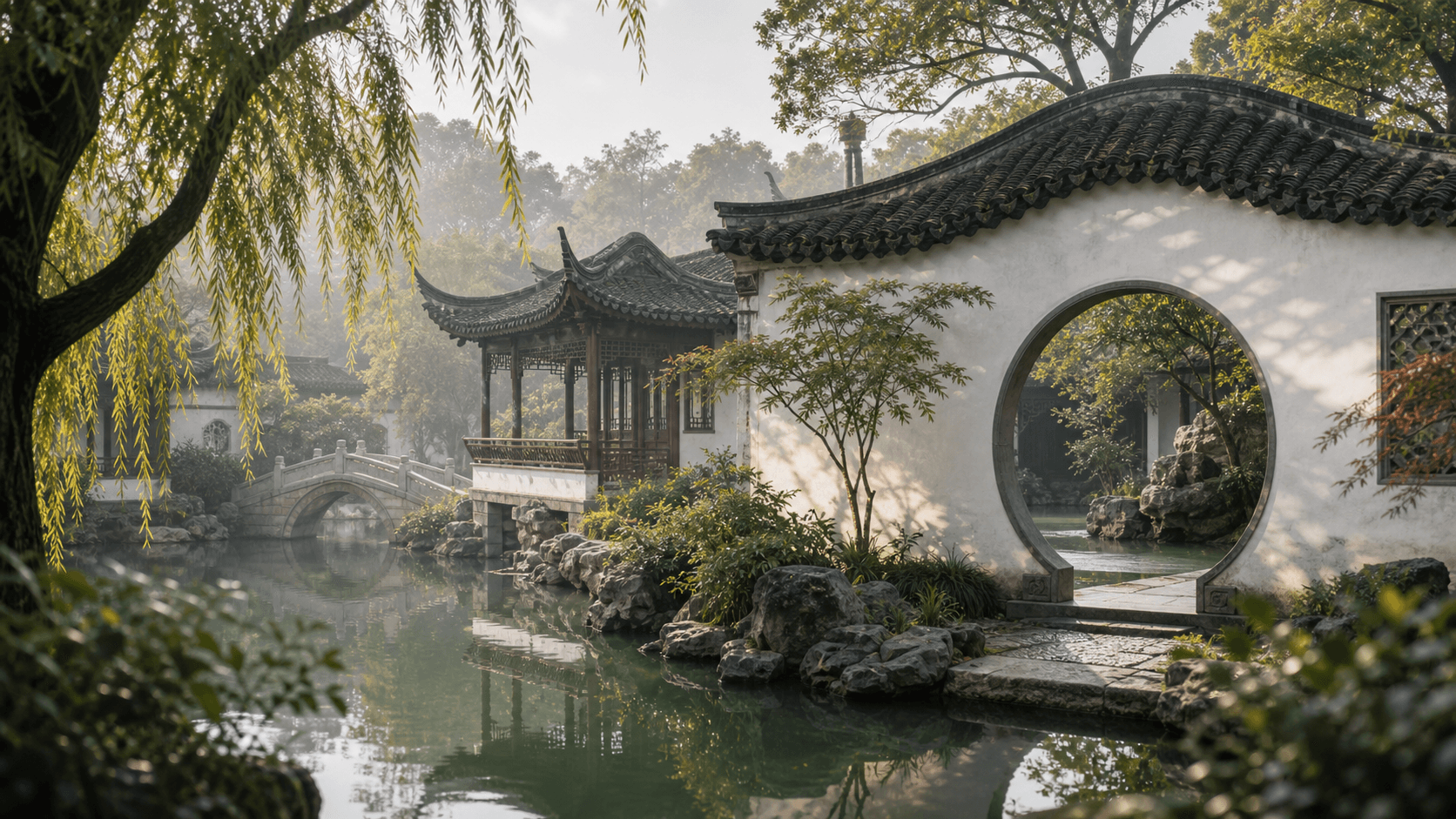 Editorial Suzhou city guide cover with classical garden pond, tiled roofs, and moon gate