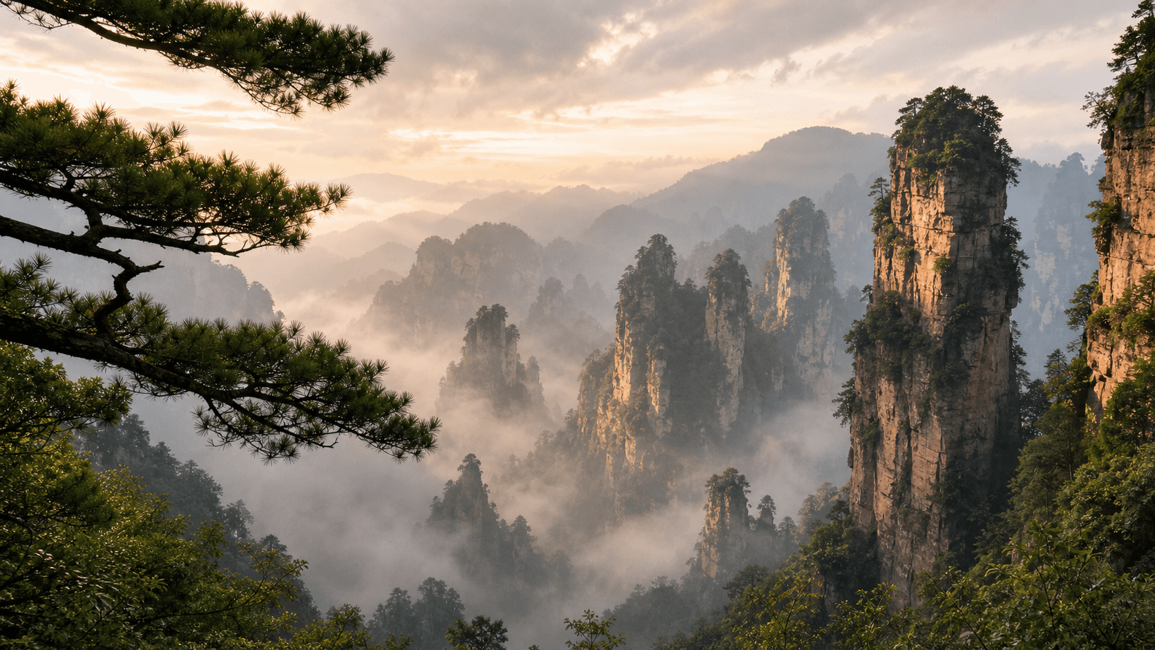 Editorial Zhangjiajie city guide cover with sandstone pillar mountains in mist
