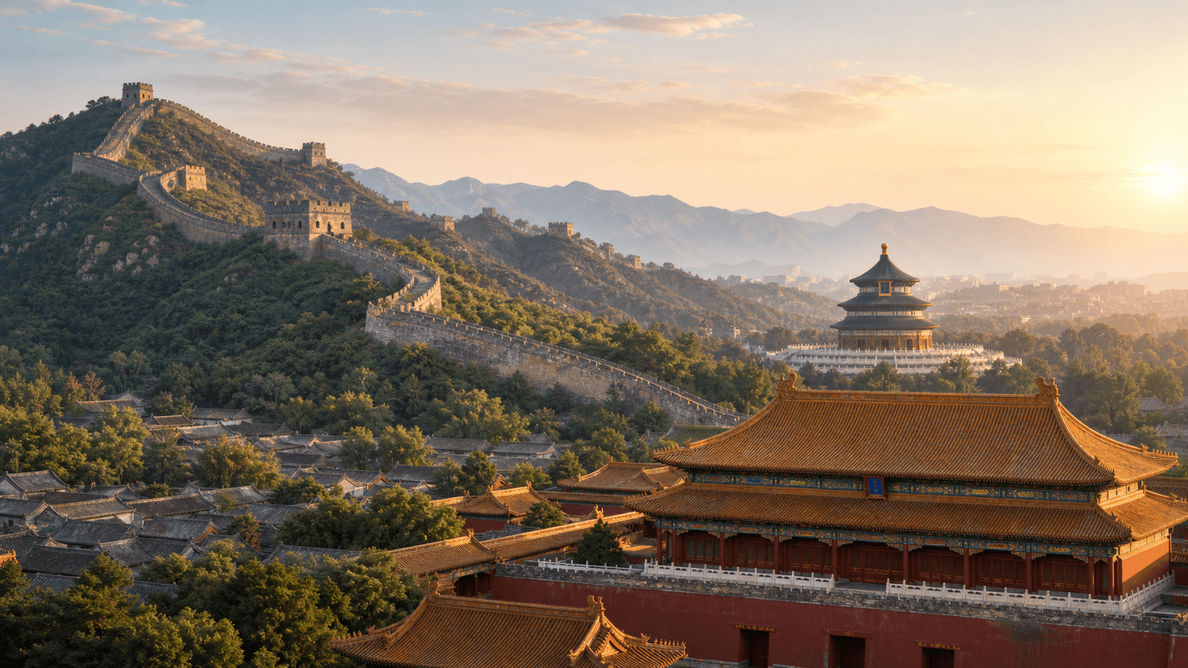 Editorial city mood image inspired by Beijing, with Forbidden City roofs, the Temple of Heaven, hutong textures, and a distant Great Wall ridge