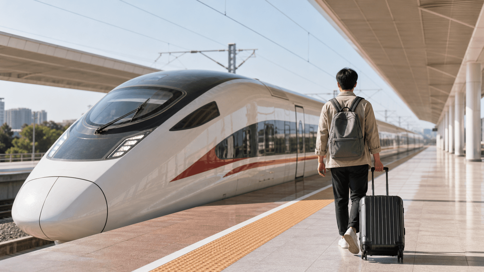 A traveler with a suitcase walking toward a sleek high-speed train at a modern railway platform