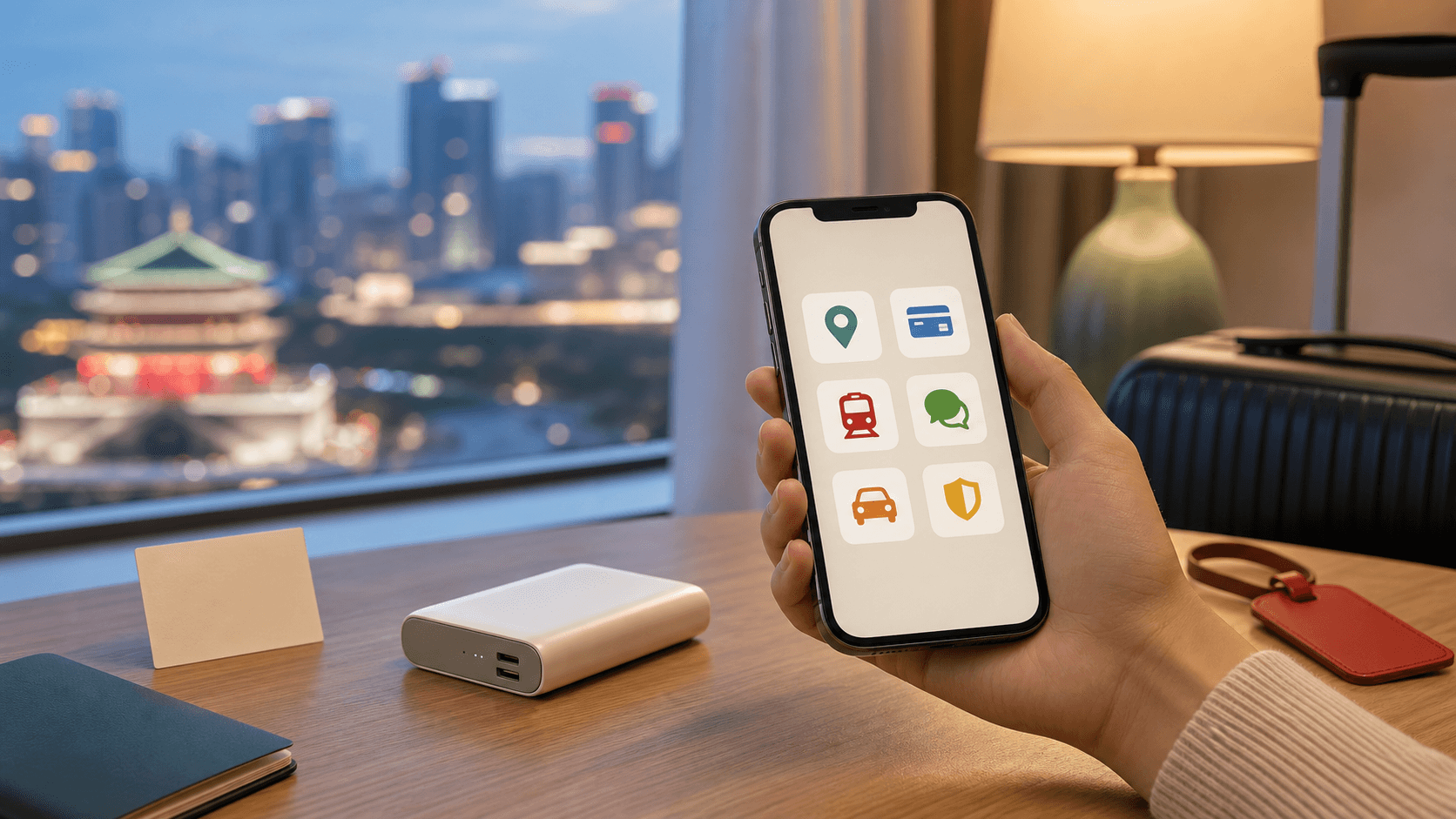 A traveler preparing essential China travel apps on a phone beside a power bank and suitcase