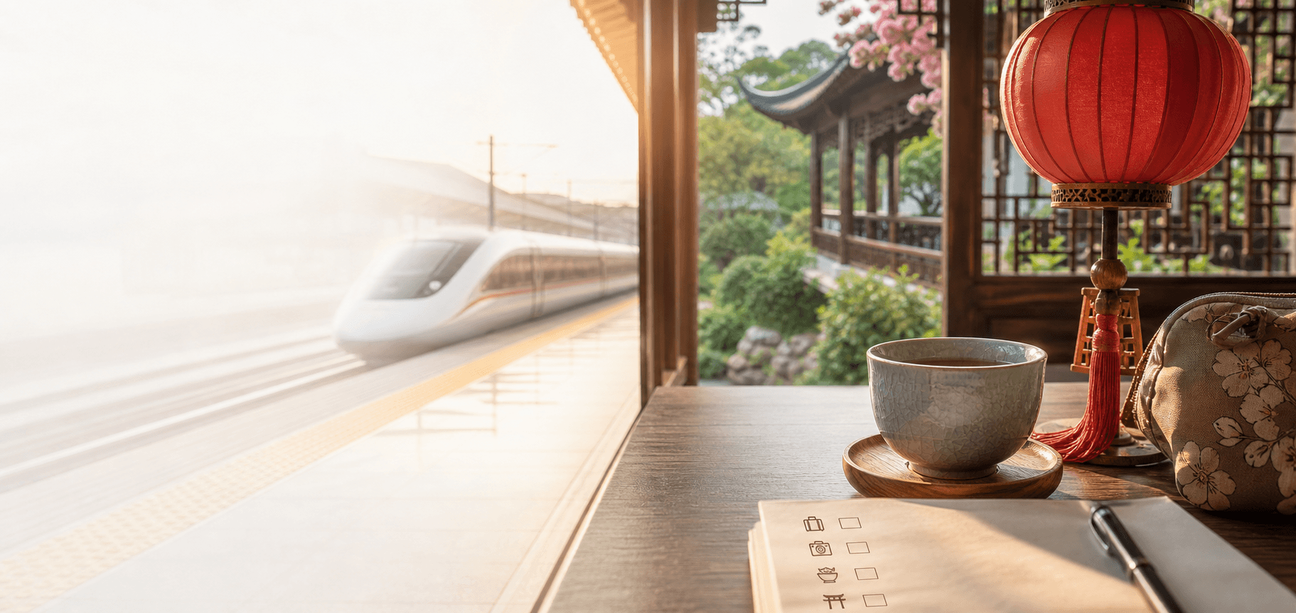 China travel and culture editorial scene with tea, lantern, train station, and travel checklist