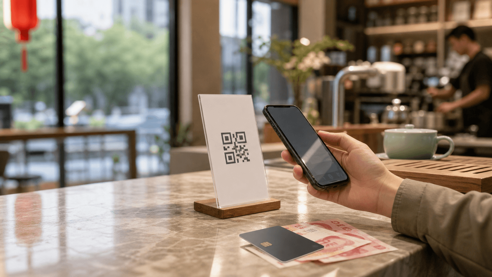 A traveler using a phone payment code at a cafe counter with a physical card and cash backup