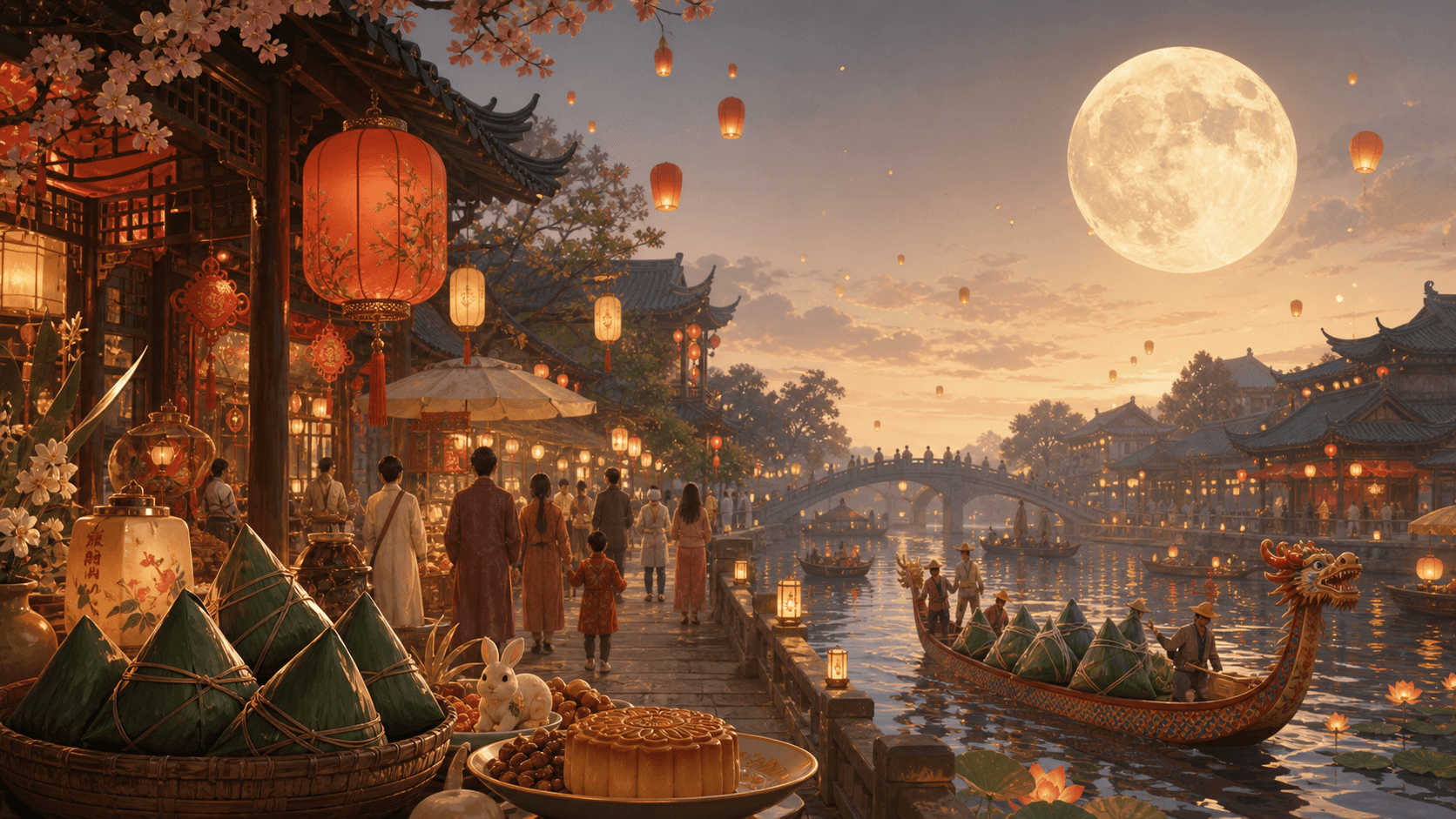 A festive Chinese street with lanterns, mooncakes, zongzi, and a dragon boat