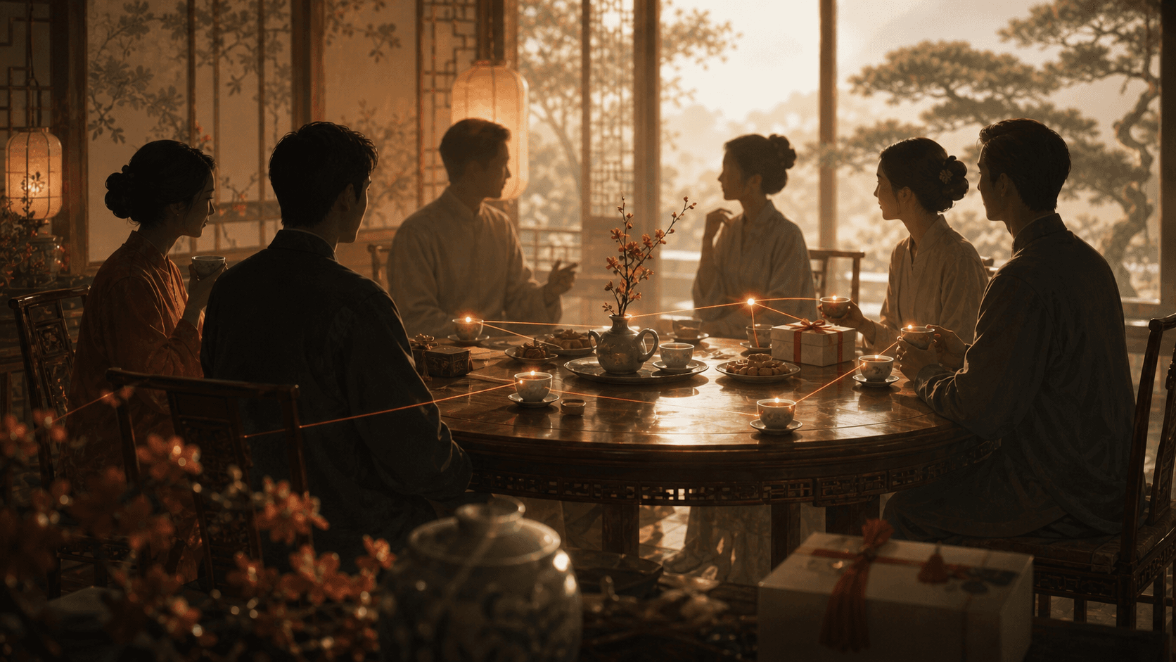 Friends talking over tea and a meal in a warm Chinese dining room
