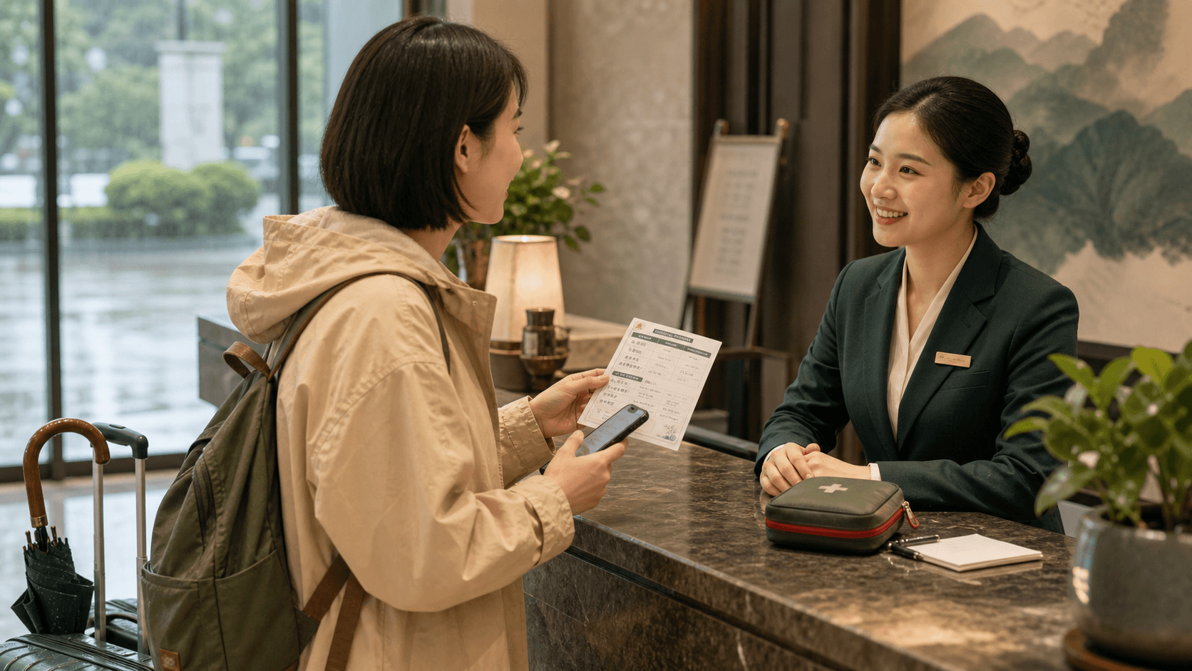 Rainy-day traveler asking hotel staff for help with a phrase card