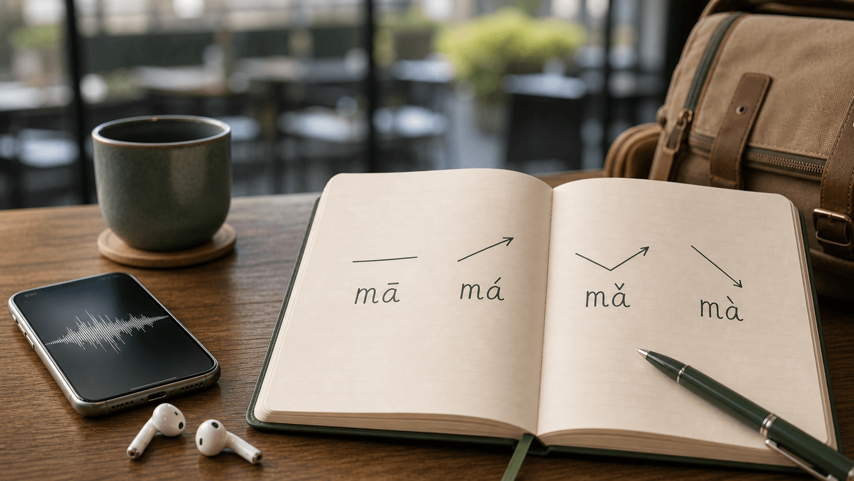 Notebook showing Mandarin tone contours beside a phone and earbuds