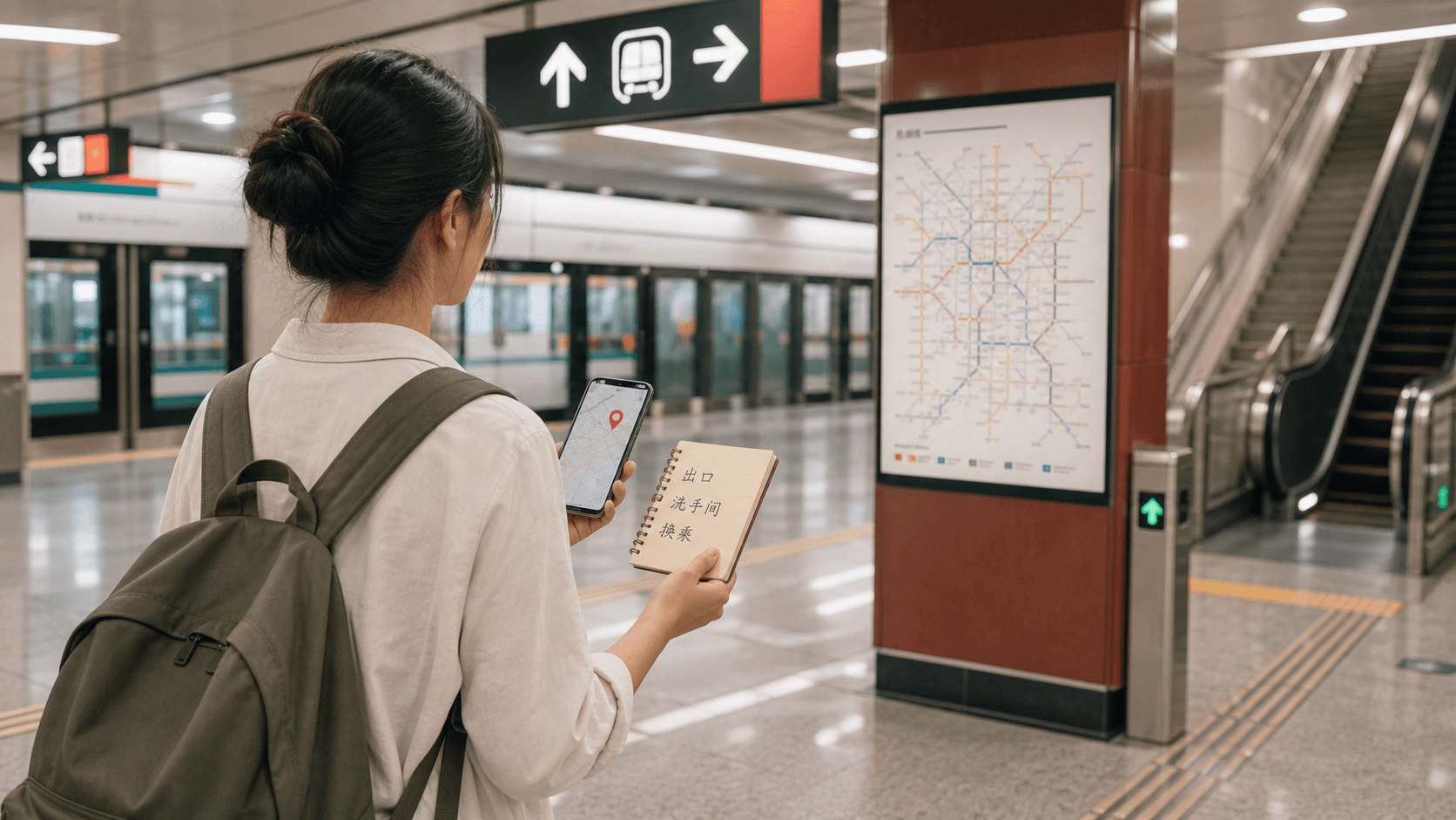Traveler checking a phone map in a modern Chinese metro station