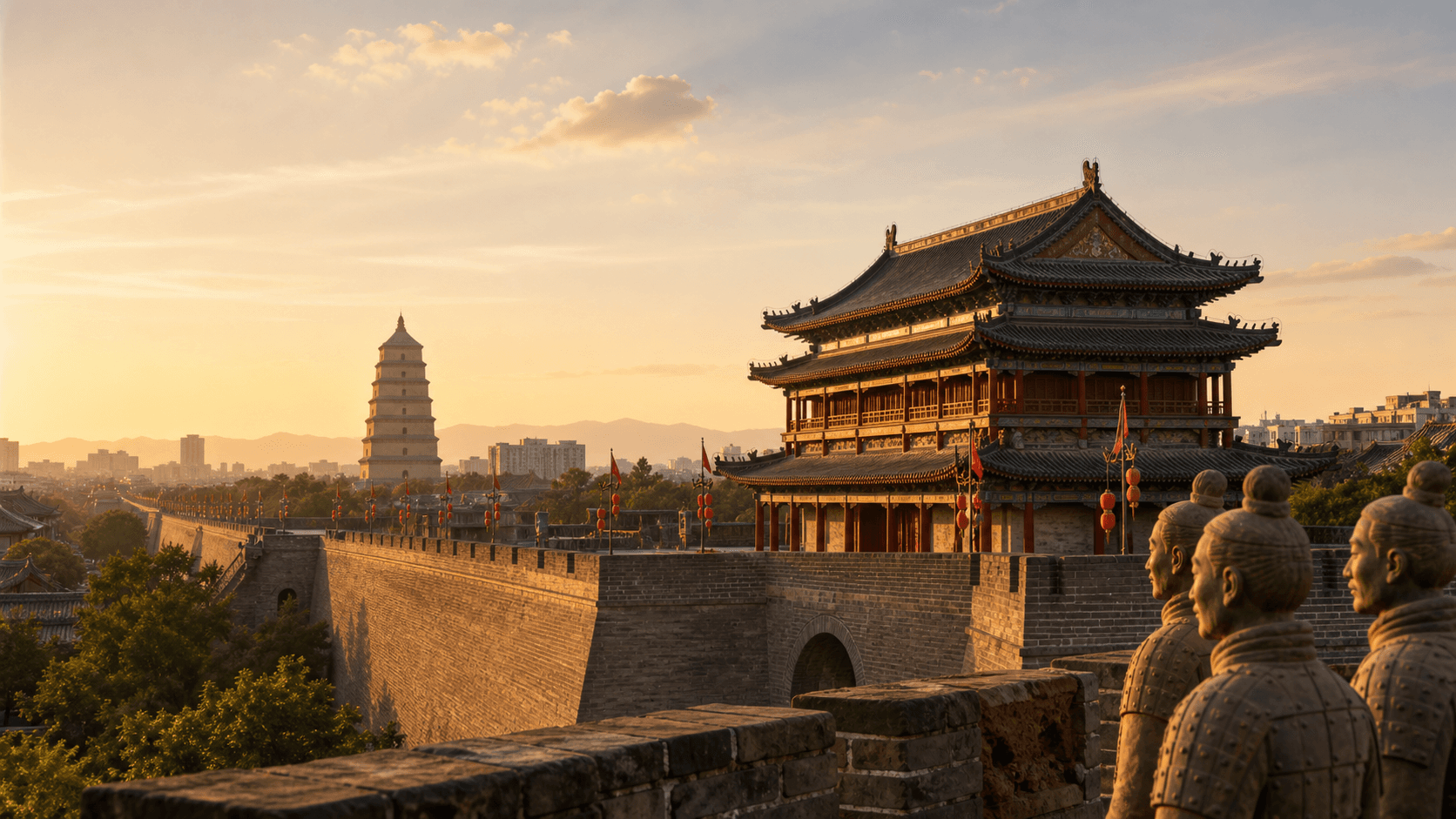 Editorial city mood image inspired by Xi'an, with the ancient city wall, Giant Wild Goose Pagoda, and subtle Terracotta Army details