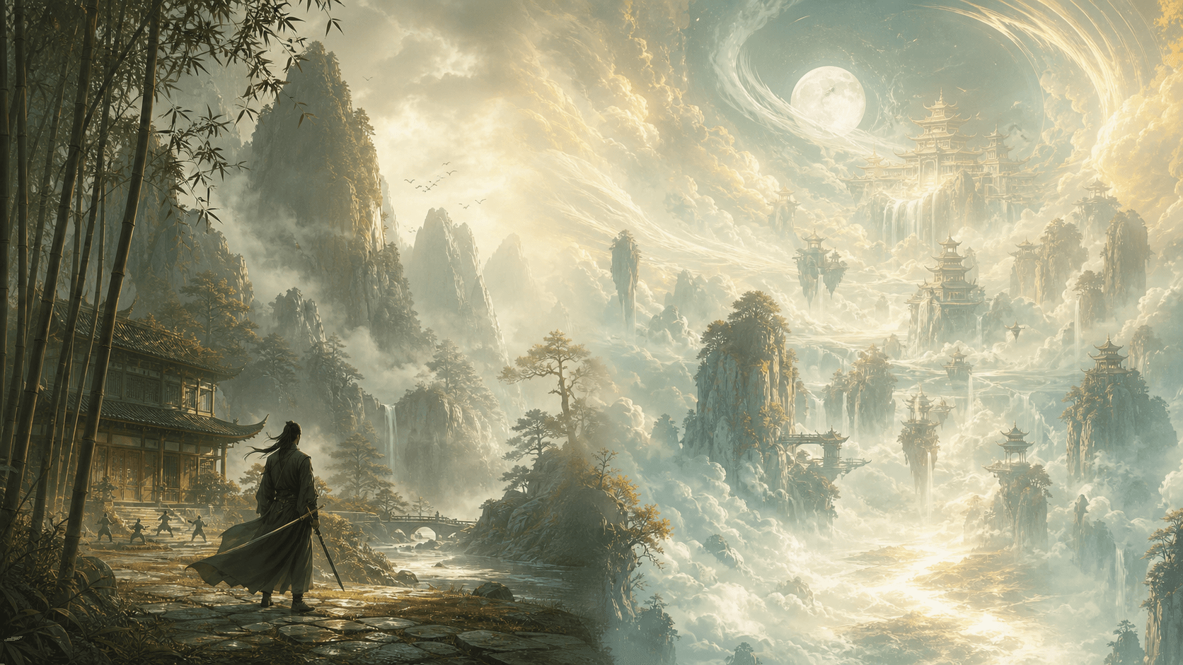 A cinematic Chinese fantasy landscape split between a grounded wuxia mountain path and an ethereal xianxia celestial realm.