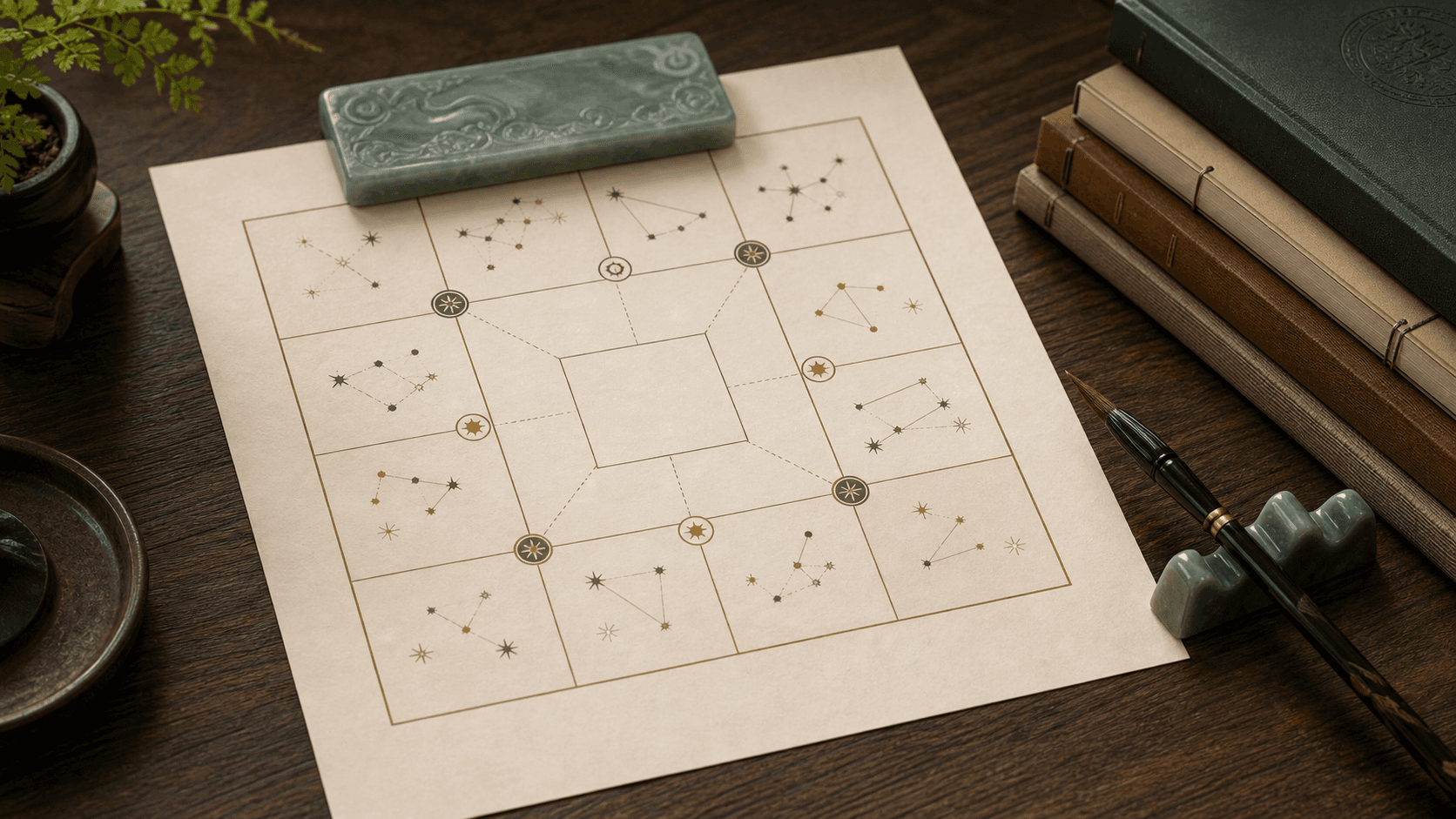 Educational twelve-palace Zi Wei Dou Shu chart with symbolic markers, books, ink brush, and jade paperweight