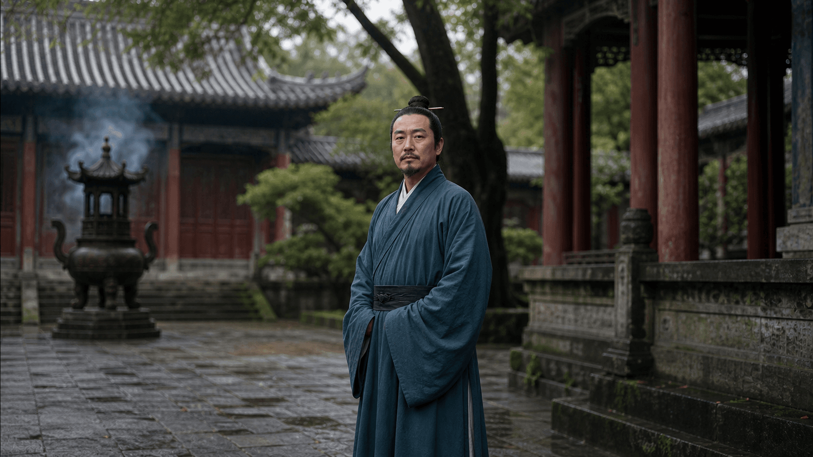 Taoist priest in a blue-gray robe standing calmly in a traditional Taoist temple courtyard