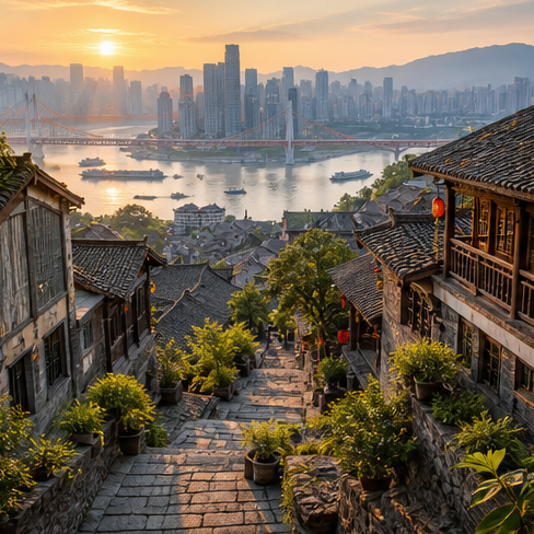 Xiahaoli old hillside street atmosphere in Chongqing.
