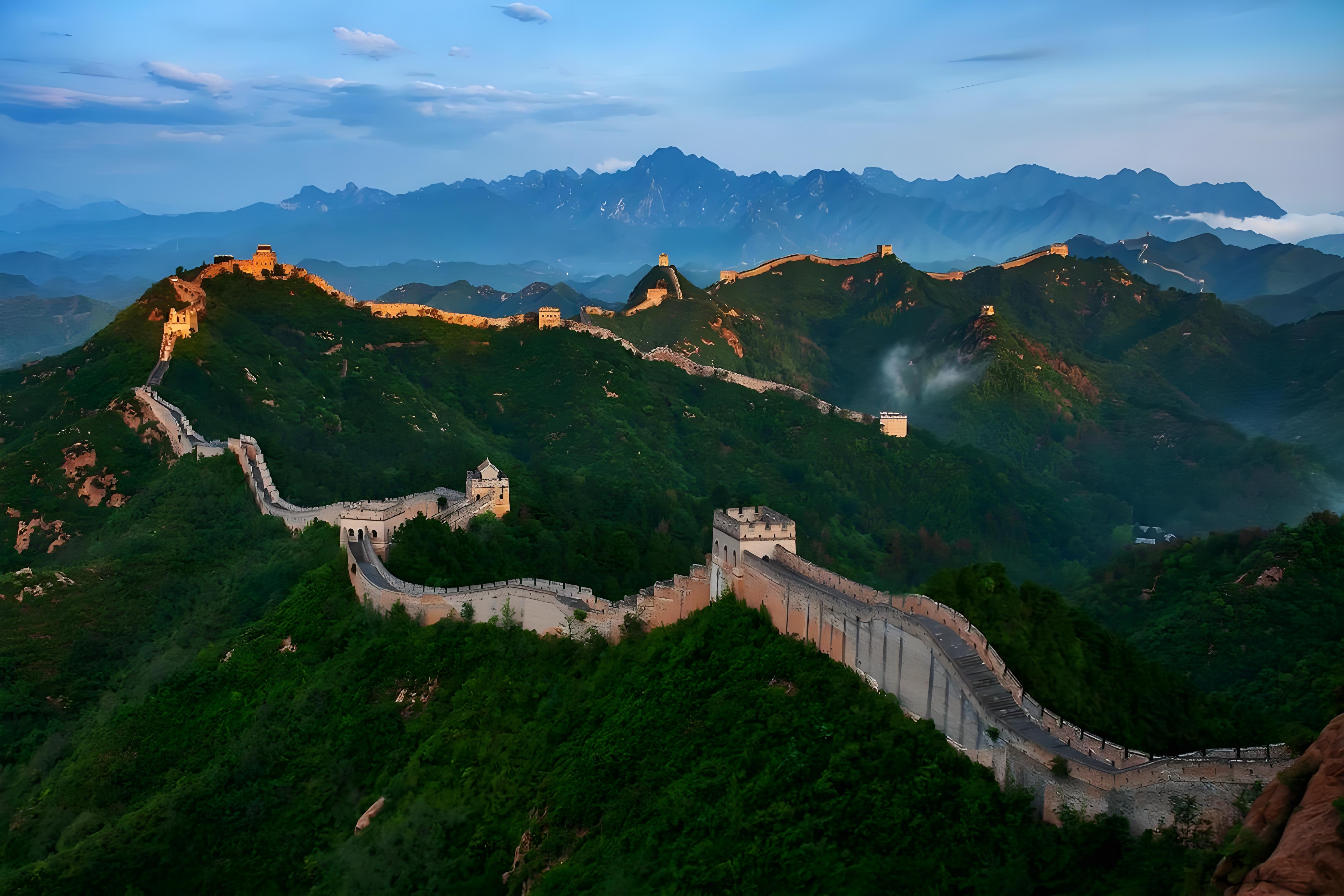 The Great Wall winding across distant hills in Beijing.