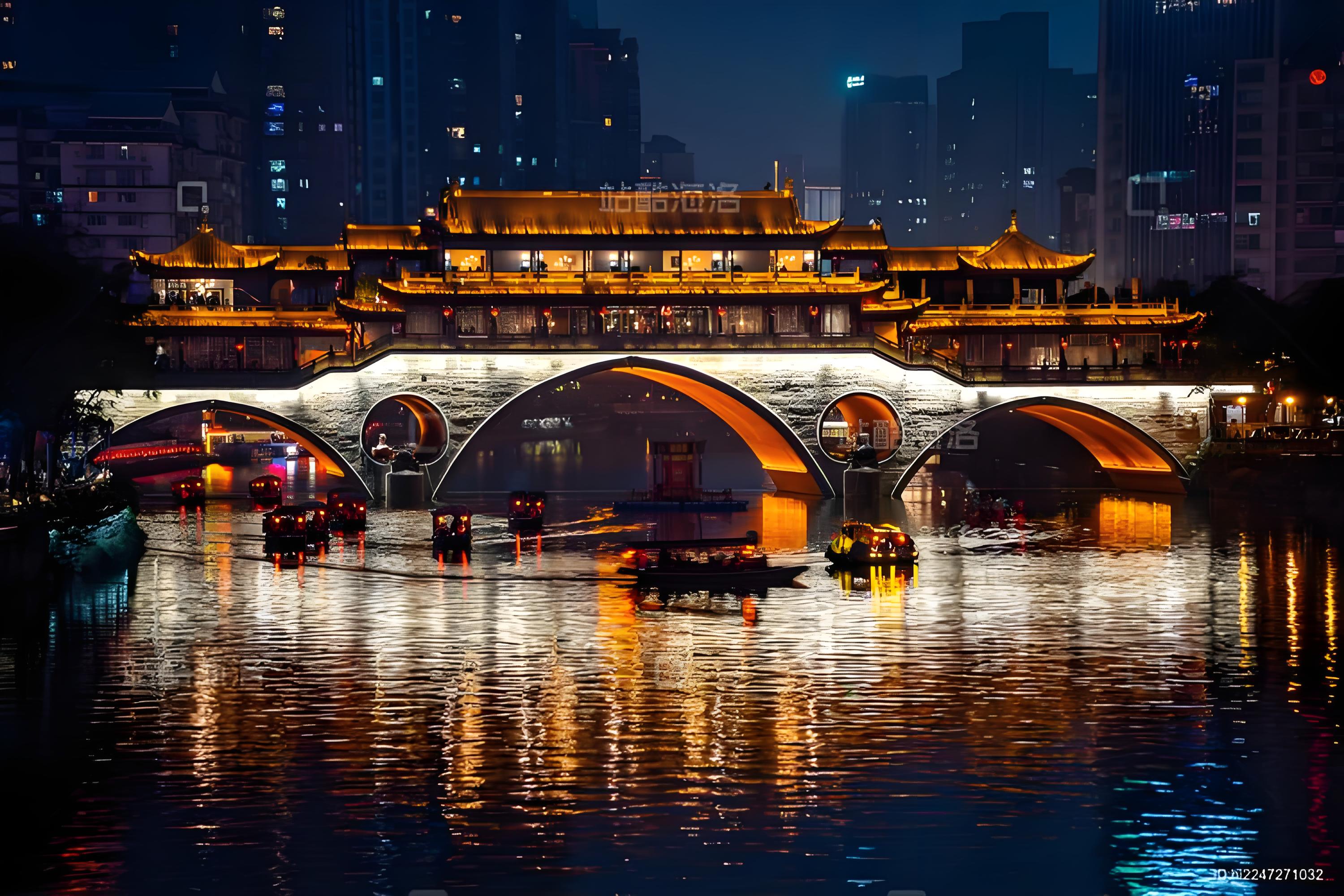 Jiuyan Bridge in Chengdu at night.