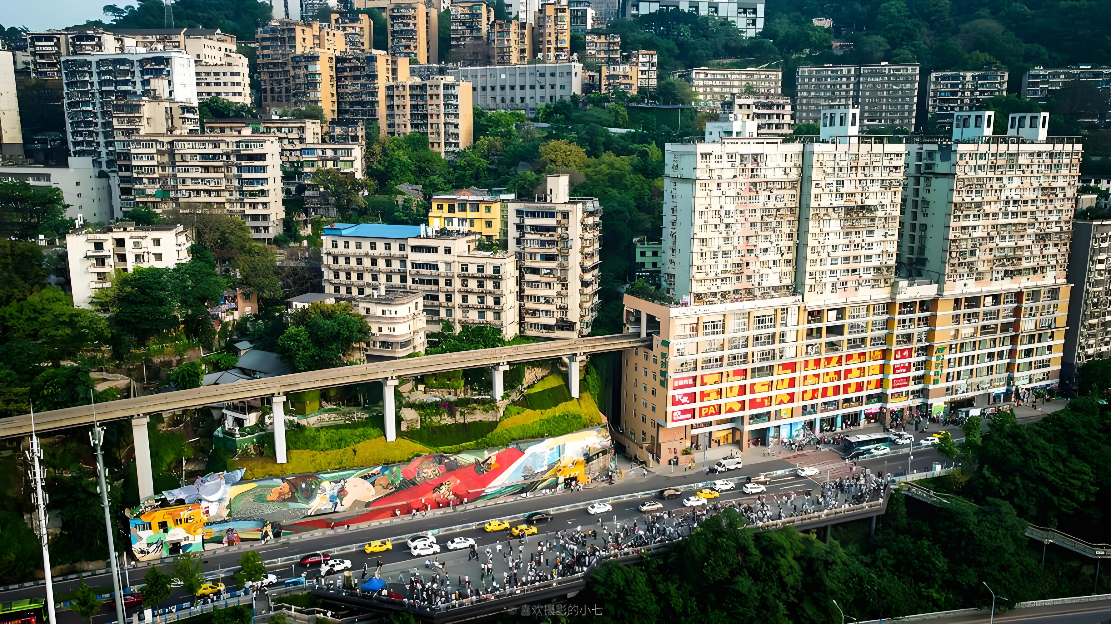 A Chongqing monorail train passing through Liziba Station.