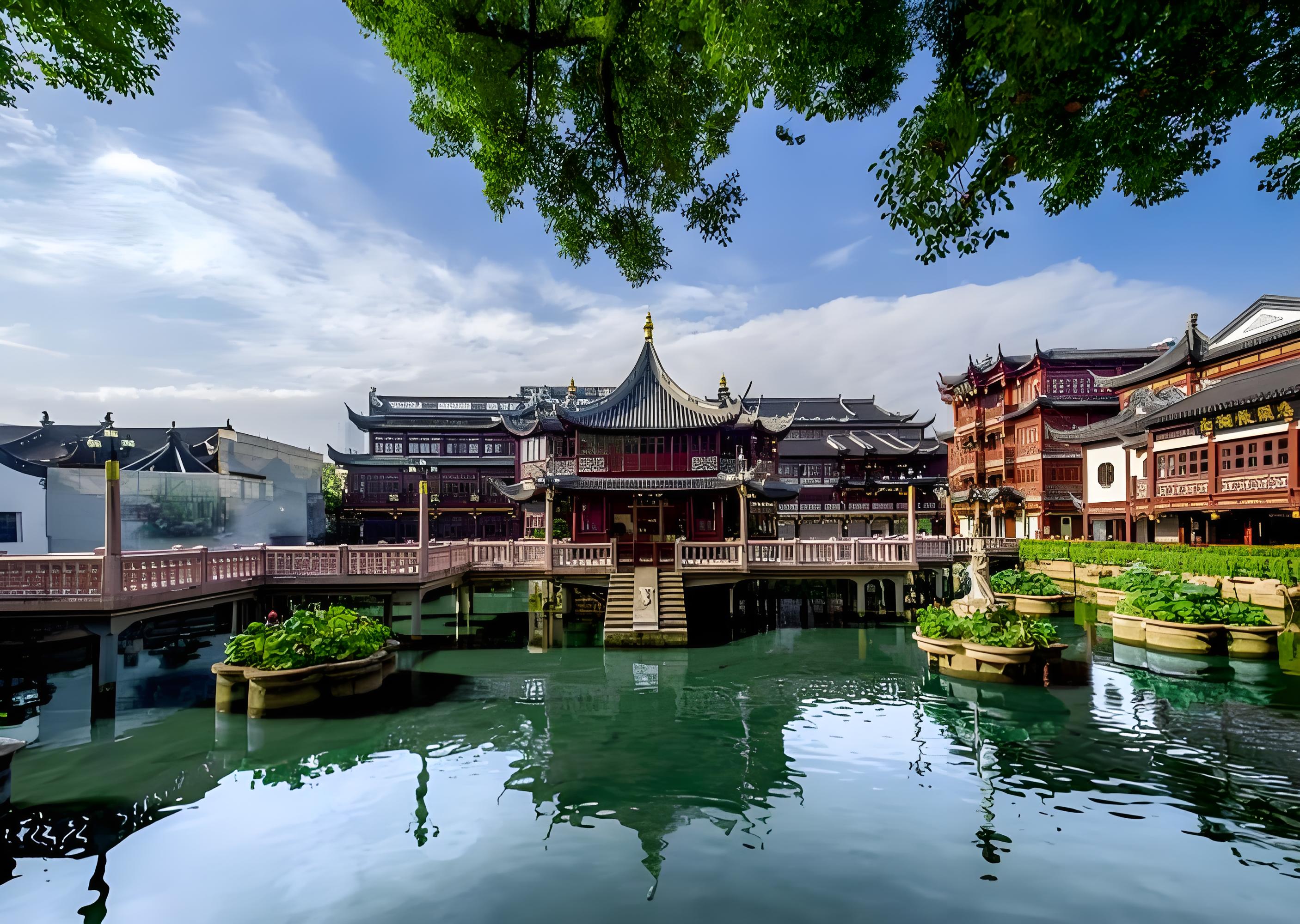 Traditional pavilions and water at Yuyuan Garden in Shanghai.