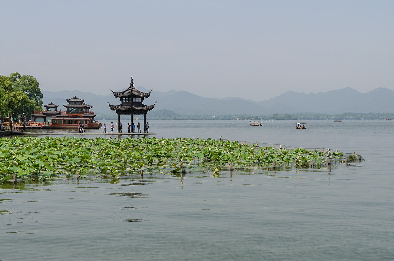 A pavilion and lake view at West Lake in Hangzhou.