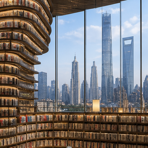Duoyun Books style high-rise bookstore view in Shanghai.