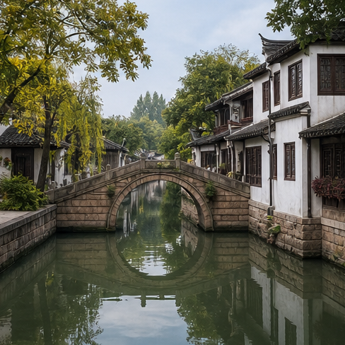 Zhouzhuang water town canal and stone bridge near Suzhou.
