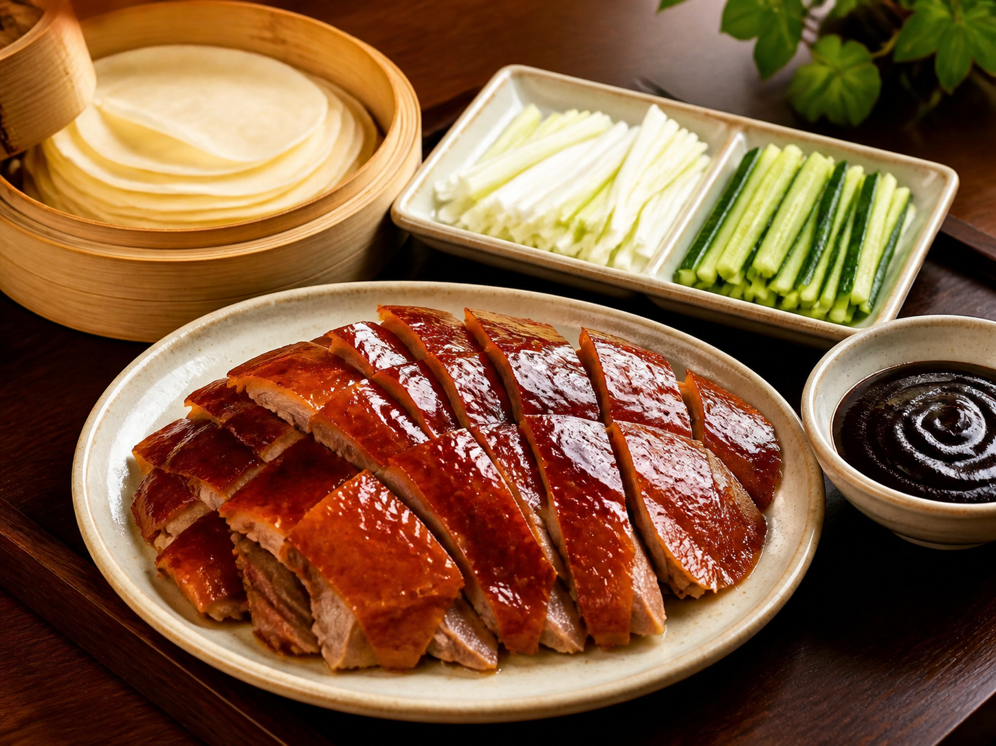 Sliced Beijing roast duck with pancakes and condiments.