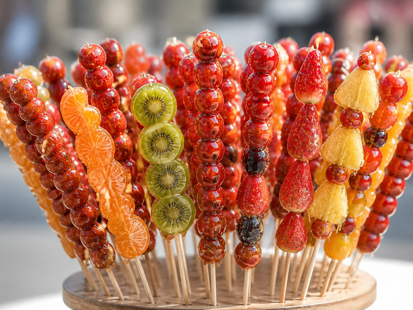 A bright display of many tanghulu candied fruit skewers.