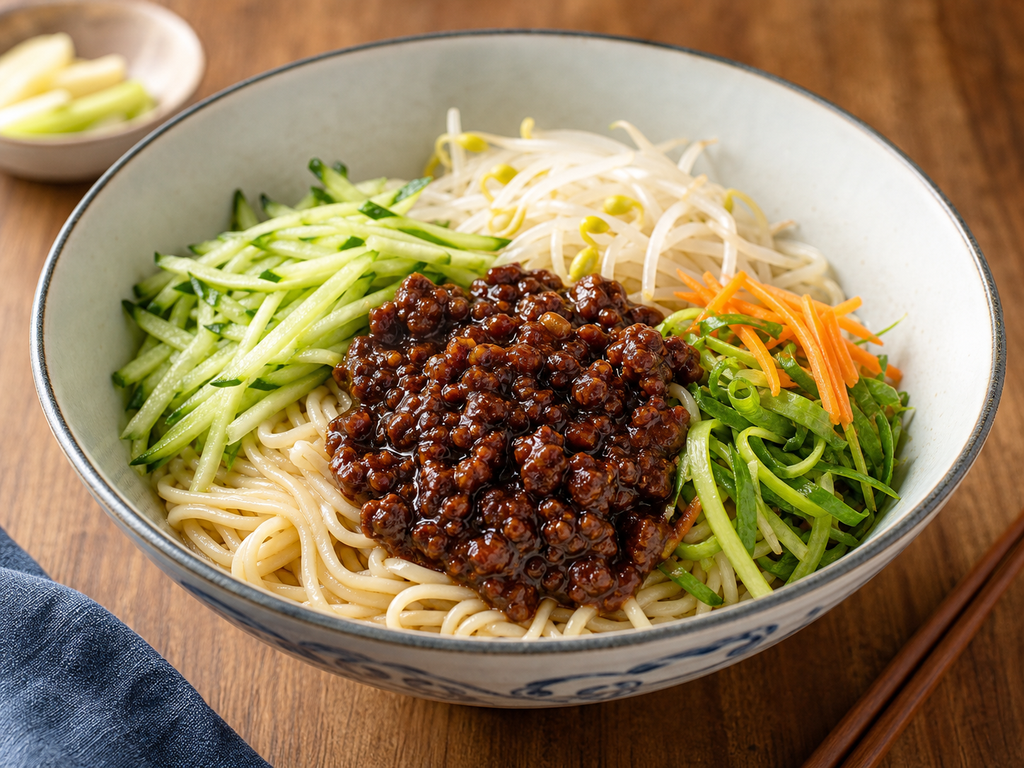 A bowl of Beijing zhajiangmian noodles with sauce and vegetables.