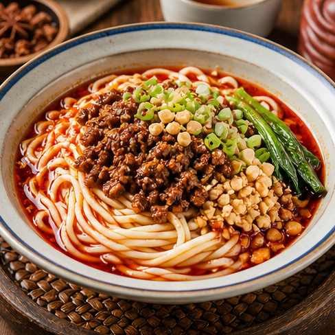 Dandan noodles with chili oil and minced meat.