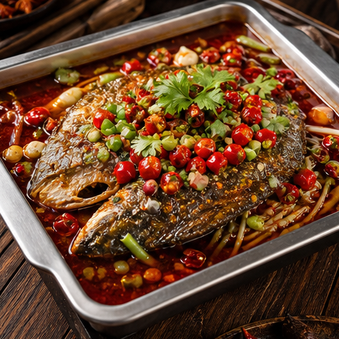 Spicy grilled fish served in a tray.