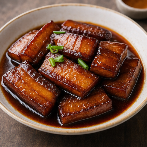 Red-braised pork belly in a glossy soy-based sauce.