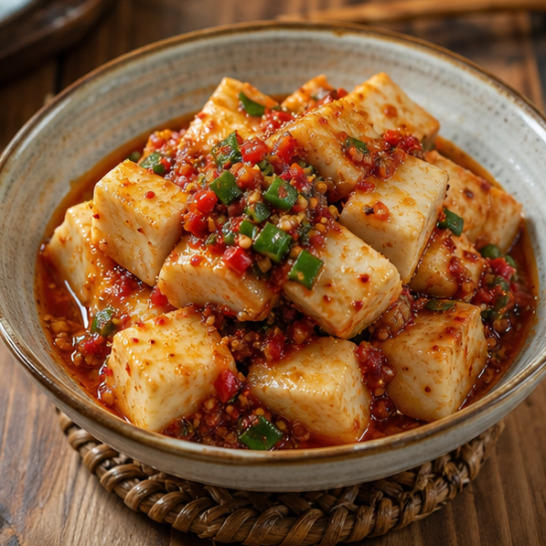 Rice tofu served with chili seasoning.