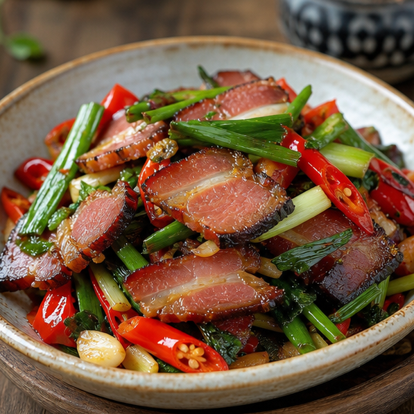 Xiangxi cured meat stir-fried with vegetables.